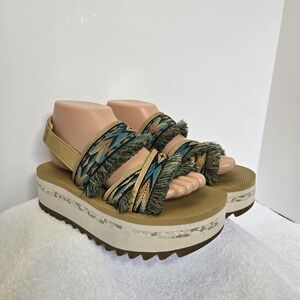 Teva Womens 7 M Blue Brown Fringe Tassel Platform Sandal Aztec Southwestern